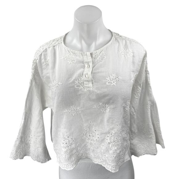 Zara White Floral Embroidered Eyelet Long Bell Sleeve Henley Shirt Blouse Top M - Picture 1 of 4